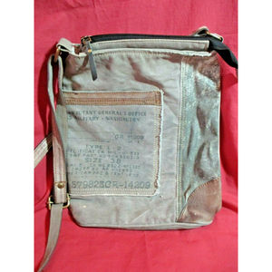 Mona B Crossbody Purse Heavy Canvas Leather Accents Military Green Pockets